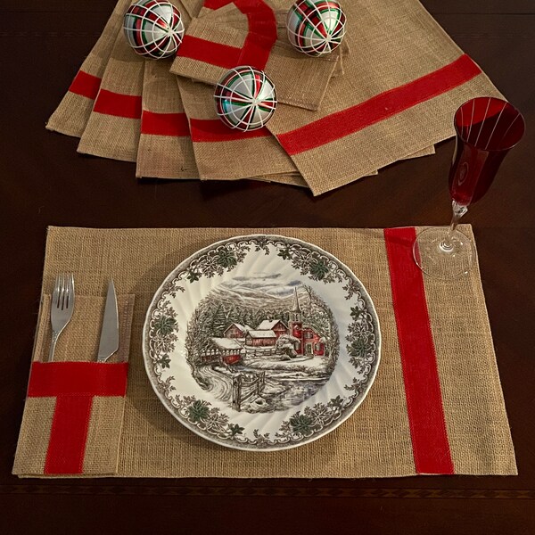 20x12 inch Burlap Christmas Placemat with Silverware Holder, Red Striped Burlap Placemats and Utensil Holder