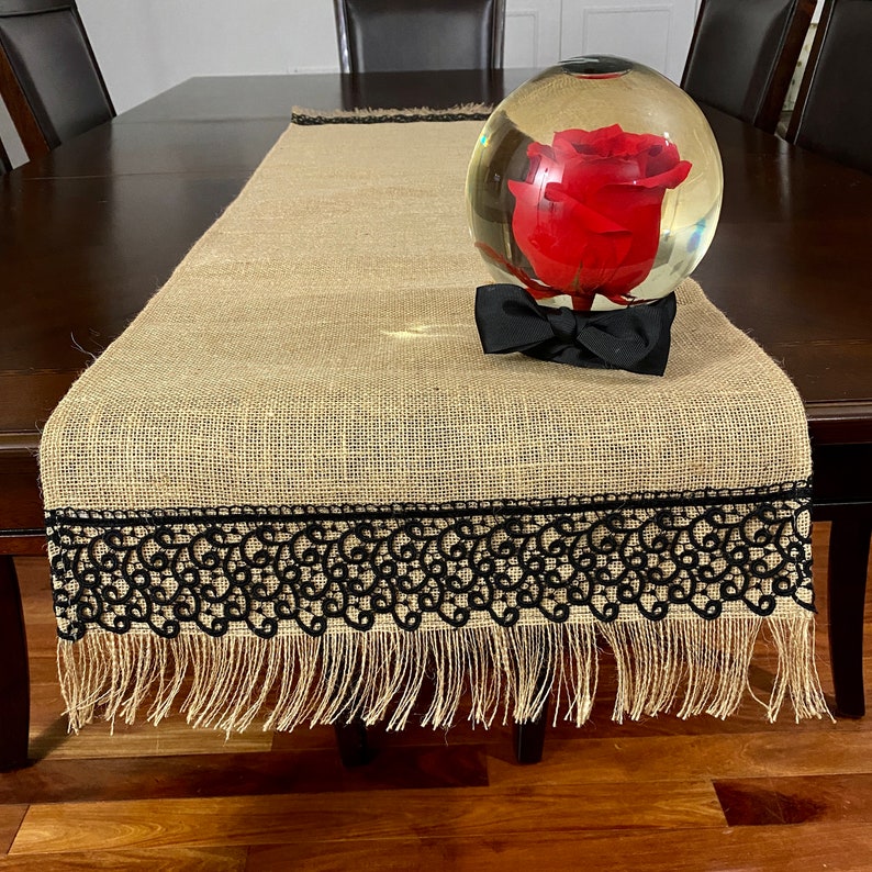 Handmade Burlap Table Runner With Black Lace Contemporary Etsy