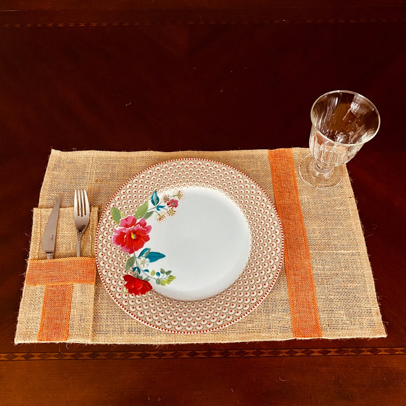 Burlap Table Runner and Placemats Set , 4 Table Mat, 4 Silverware Holder and a Jute Table Runner