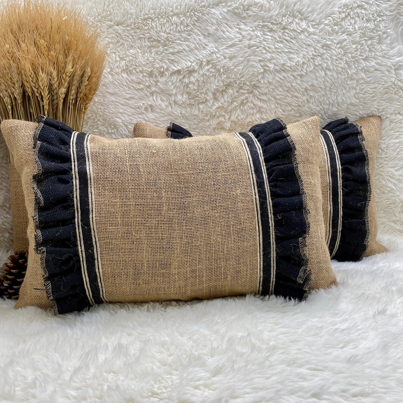 Black Ruffled 12 X 20 Burlap Pillow Burlap Pillow Cover Burlap Etsy