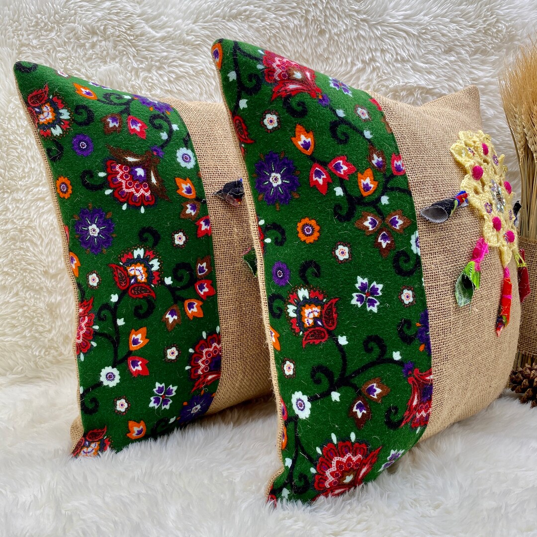 Burlap Pillow Covers With Green Pattern Set of Two Jute Etsy