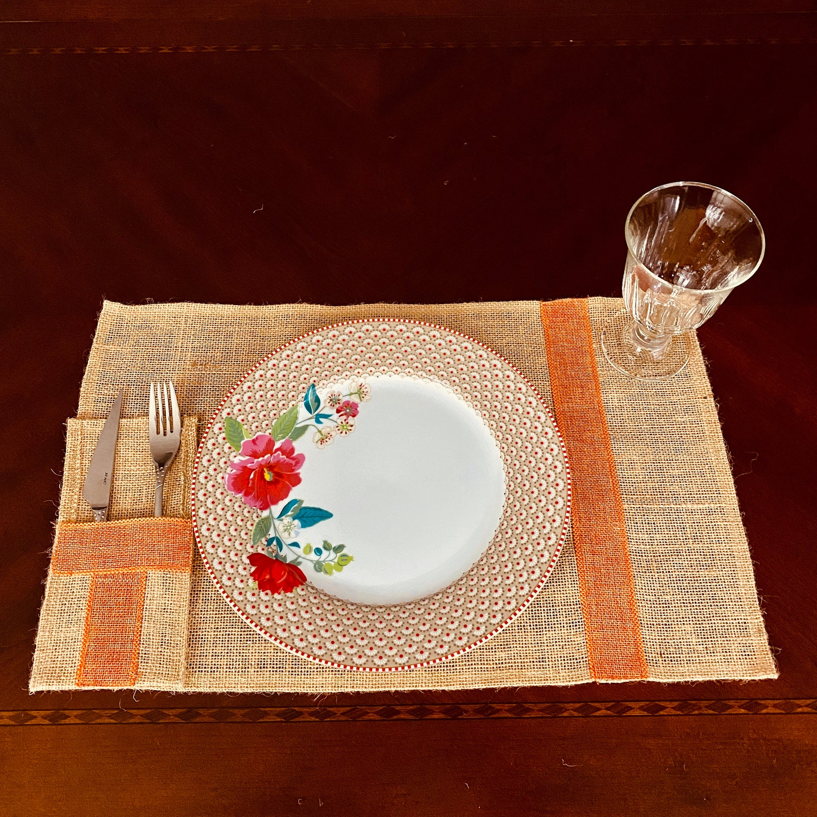 Burlap Placemats Placemat for Dining Table Tableware Bag Pocket 20x12