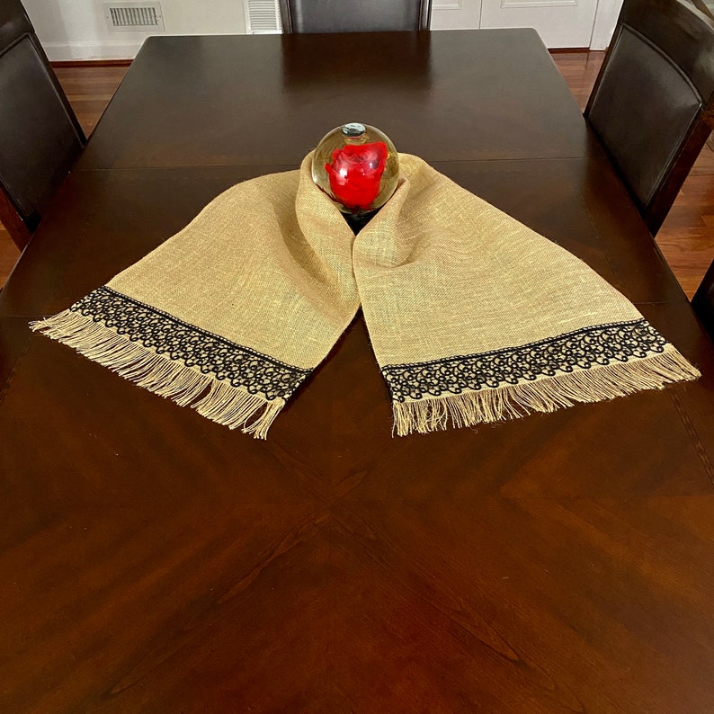Handmade Burlap Table Runner With Black Lace Contemporary Etsy