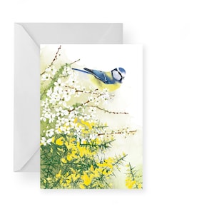 Carte de printemps/ Carte de voeux fleurs sauvages/ Carte mésange bleue et fleurs/ Carte vierge/ Carte de Pâques/ Carte de fête des Mères/ Rebecca Spikings