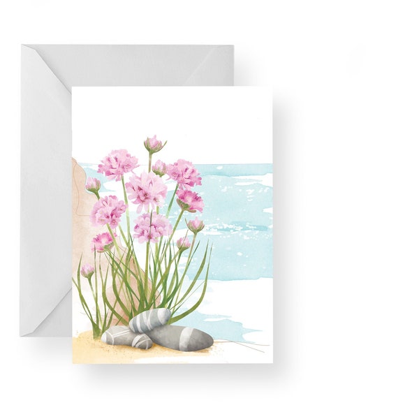 Pink Sea Thrift Greetings card/ Coastal Flowers Blank Card/ Coastal Scene Card/ Contemporary Floral Card/ Rebecca Spikings
