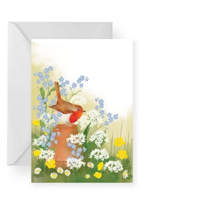 Carte Robin printanier/ Carte Robin et Myosotis/ Carte vierge/ Carte de fête des Mères/ Rebecca Spikings