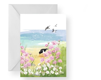 Oyster catchers and Sea thrift card/ Coastal greetings card/ Floral greetings card/ Seabirds card/ Blank card/ Rebecca Spikings