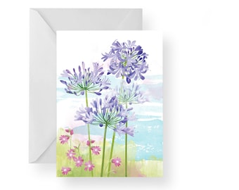 Agapanthus Greetings Card/ Coastal Florals Blank Card/ Contemporary Floral Card/ Cornish Coast Card/ Rebecca Spikings