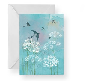 Swallows Card/ Contemporary floral card/ Rebecca Spikings
