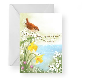 Coastal Spring Wildflower Card, Wren and Blossom Illustration