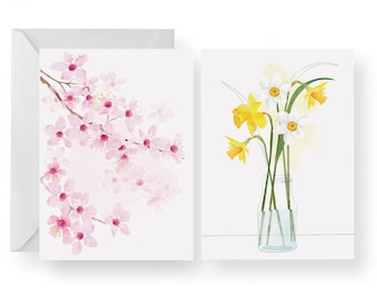 Set of Two Spring Cards/ Contemporary Floral Cards Bundle/ Spring Flowers Blank Cards/ Rebecca Spikings