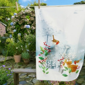 Garden Robins Tea Towel/ 100% Cotton Tea Towel/ Christmas Robin Tea Towel/ Garden Birds Tea Towel/ Rebecca Spikings image 1