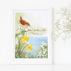 Spring Wren Print/ Spring Flowers Print/ A4 Spring Water Colour Print/ Coastal Print/ Rebecca Spikings image 1