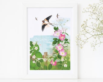 Dog Rose and Swallows Print/ Wild Flowers Print/ Coastal Flowers Print/ Rebecca Spikings