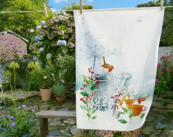 Garden Robins Tea Towel/ 100% Cotton Tea Towel/ Christmas Robin Tea Towel/ Garden Birds Tea Towel/ Rebecca Spikings
