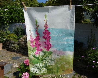 Foxgloves Tea Towel/ Coastal Foxgloves Tea Towel/ 100% Cotton Tea Towel/ Floral Tea Towel/ Rebecca Spikings