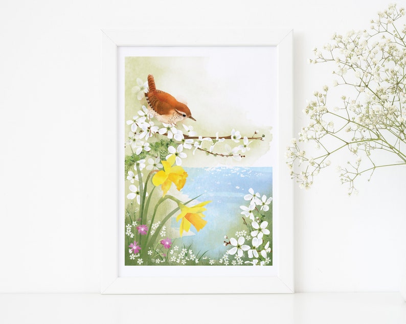 Spring Wren Print/ Spring Flowers Print/ A4 Spring Water Colour Print/ Coastal Print/ Rebecca Spikings image 1