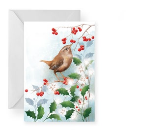 Winter Wren Card/ Wren Christmas Card/ Blank Christmas Card/ Winter Hedgerow Card/ Winter Woodland Card/ Rebecca Spikings