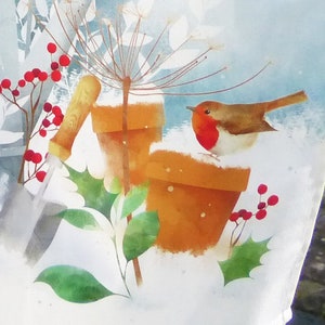 Garden Robins Tea Towel/ 100% Cotton Tea Towel/ Christmas Robin Tea Towel/ Garden Birds Tea Towel/ Rebecca Spikings image 5