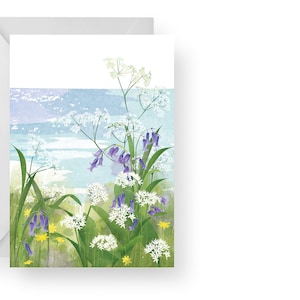 Carte jacinthes des bois et ail sauvage/ Carte vierge de fleurs de printemps/ Carte de fleurs côtières/ Carte de fête des Mères/ Rebecca Spikings