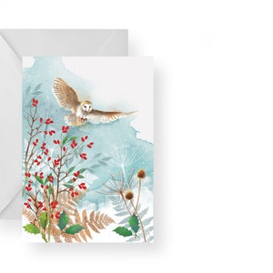 Carte de haie d'hiver/ Carte de hibou d'hiver/ Carte de Noël des bois/ Carte de hibou des bois/ Carte vierge/ Rebecca Spikings