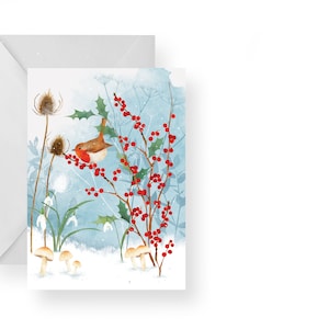 Carte de feuillage d'hiver/ Carte de robin d'hiver/ Carte de robin de Noël/ Carte de haie de Noël/ Rebecca Spikings