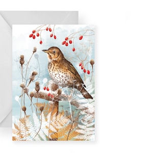 Winter Song Thrush Card/ Song Thrush Christmas Card/ Blank Christmas Card/ Winter Woodland Card/ Winter Hedgerow Card/ Rebecca Spikings