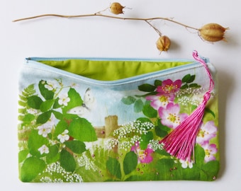 Handmade Embroidered Wallet/ Embroidered Summer Hedgerow Purse/ Embroidered Zip Bag/ Rebecca Spikings