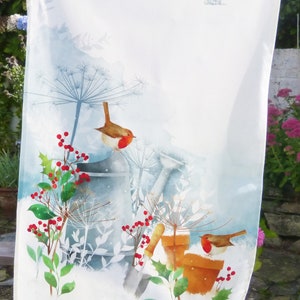Garden Robins Tea Towel/ 100% Cotton Tea Towel/ Christmas Robin Tea Towel/ Garden Birds Tea Towel/ Rebecca Spikings image 2