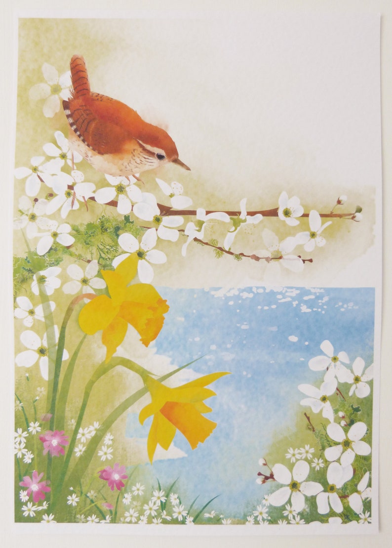 Spring Wren Print/ Spring Flowers Print/ A4 Spring Water Colour Print/ Coastal Print/ Rebecca Spikings image 2