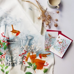 Garden Robins Tea Towel/ 100% Cotton Tea Towel/ Christmas Robin Tea Towel/ Garden Birds Tea Towel/ Rebecca Spikings image 6