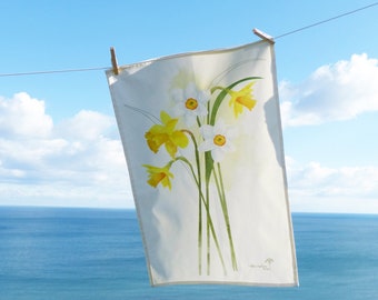 Daffodil Tea Towel/ 100% Cotton Tea Towel/ Spring Floral Tea Towel/ Easter Gift/ Rebecca Spikings