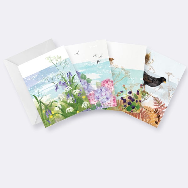 Coastal Set of Blank Cards/ Coastal Floral Cards/ Coastal Seasons Greetings Cards/ Rebecca Spikings