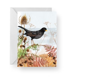 Winter Blackbird Card/ Coastal Blackbird Card/ Coastal Path Blank Card/ Contemporary Blackbird Hedgerow Card/ Rebecca Spikings