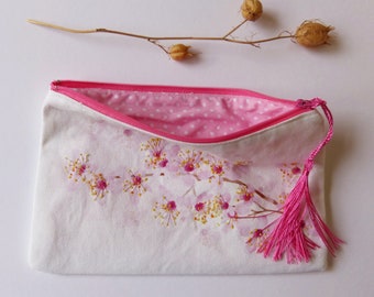 Cherry Blossom Embroidered purse/ Cherry Blossom Embroidered Fabric Wallet/ Cherry Blossom Embroidered Zip Bag/ Rebecca Spikings