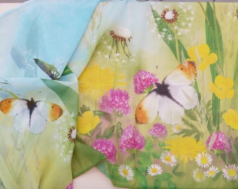 Summer Meadow Chiffon Scarf/ Wild Flowers Long Chiffon Scarf/ Flowers and Butterflies Scarf/ Rebecca Spikings