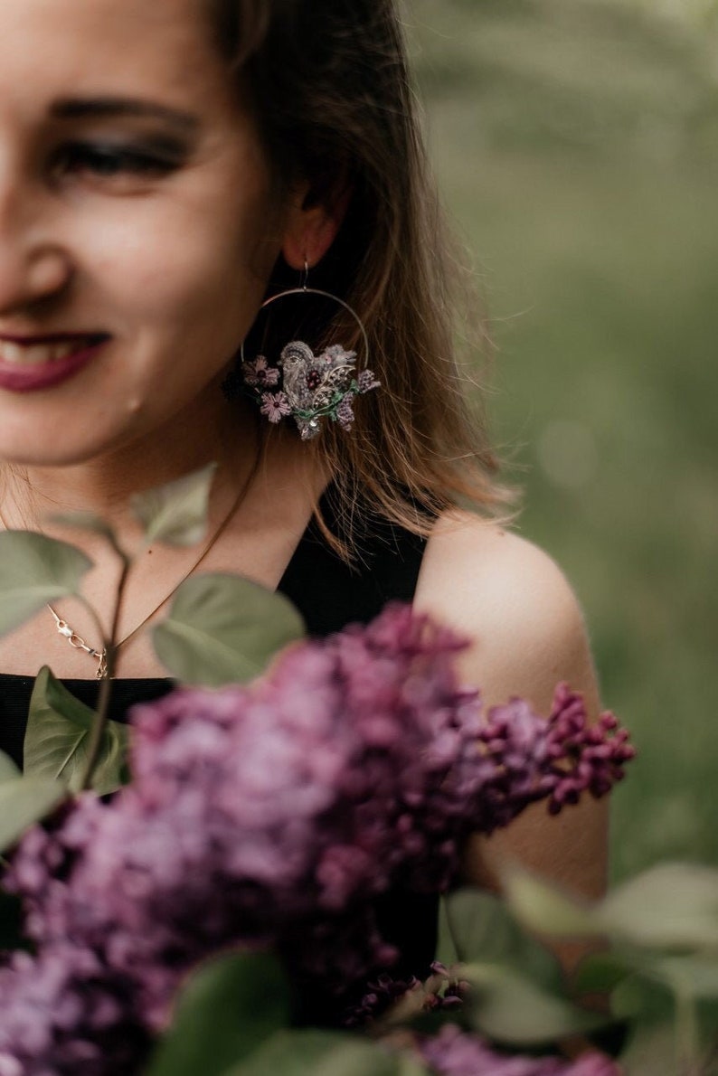 Bird stud hoop earrings, flower hoop earrings with tiny bird, mismatched bohemian earring image 5