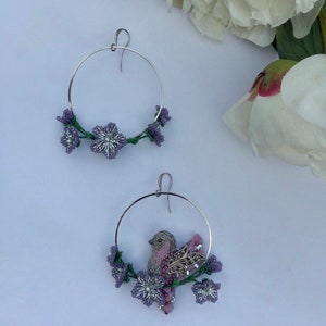 Bird stud hoop earrings, flower hoop earrings with tiny bird, mismatched bohemian earring image 7