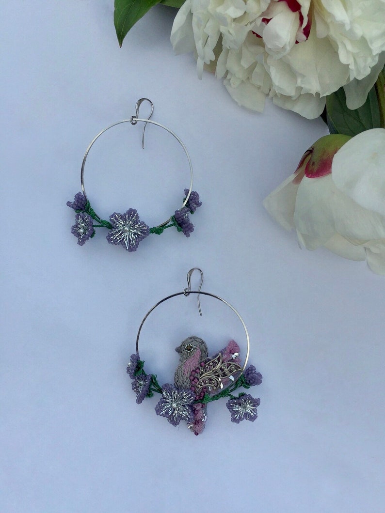 Bird stud hoop earrings, flower hoop earrings with tiny bird, mismatched bohemian earring image 7