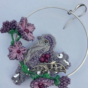 Bird stud hoop earrings, flower hoop earrings with tiny bird, mismatched bohemian earring image 9