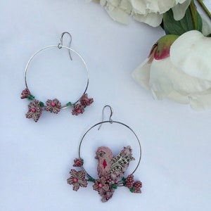 Bird stud hoop earrings, flower hoop earrings with tiny bird, mismatched bohemian earring image 2