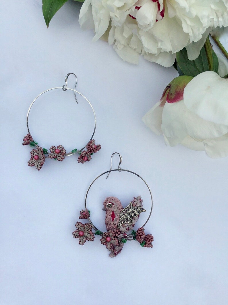 Bird stud hoop earrings, flower hoop earrings with tiny bird, mismatched bohemian earring image 2