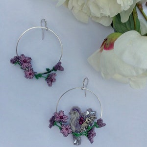 Bird stud hoop earrings, flower hoop earrings with tiny bird, mismatched bohemian earring image 8