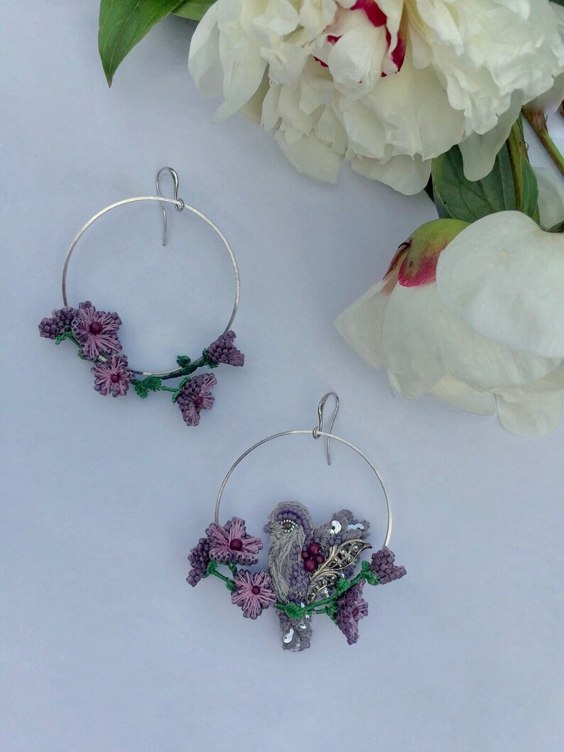 Bird stud hoop earrings, flower hoop earrings with tiny bird, mismatched bohemian earring image 8