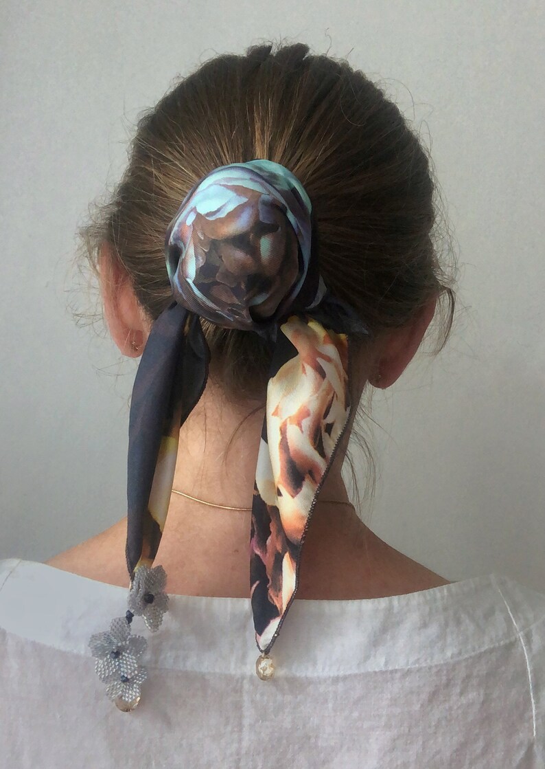 Silk hair floral scarf with beaded flower and Swarovski Etsy