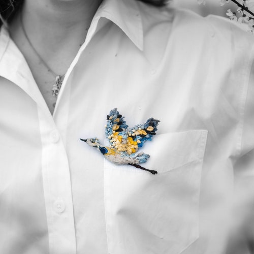 Ukrainian stork brooch, blue yellow brooch shops