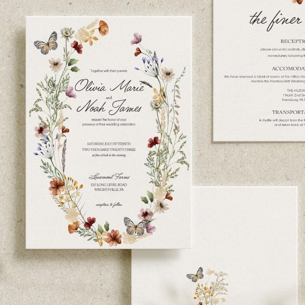 Wedding Invitation 5pc Set | Floral Butterfly Garden Wedding Invites | Invitation Set with Butterfly Floral Design