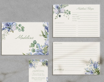 Print-at-Home Floral Bridal Shower Recipe Card | Bridal Shower Recipe Card & Instructions |  Blue and Green Floral Watercolor Digital File