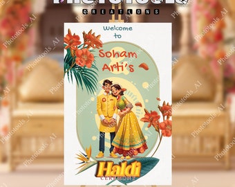 Haldi Ceremony Caricature | Indian Wedding Welcome Sign with Couple Illustration | Hindu Wedding Signs | Digital 29