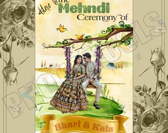 Mehndi | Indian Wedding Day Welcome Sign with Couple Illustration | Hindu Wedding Signs | Digital 08
